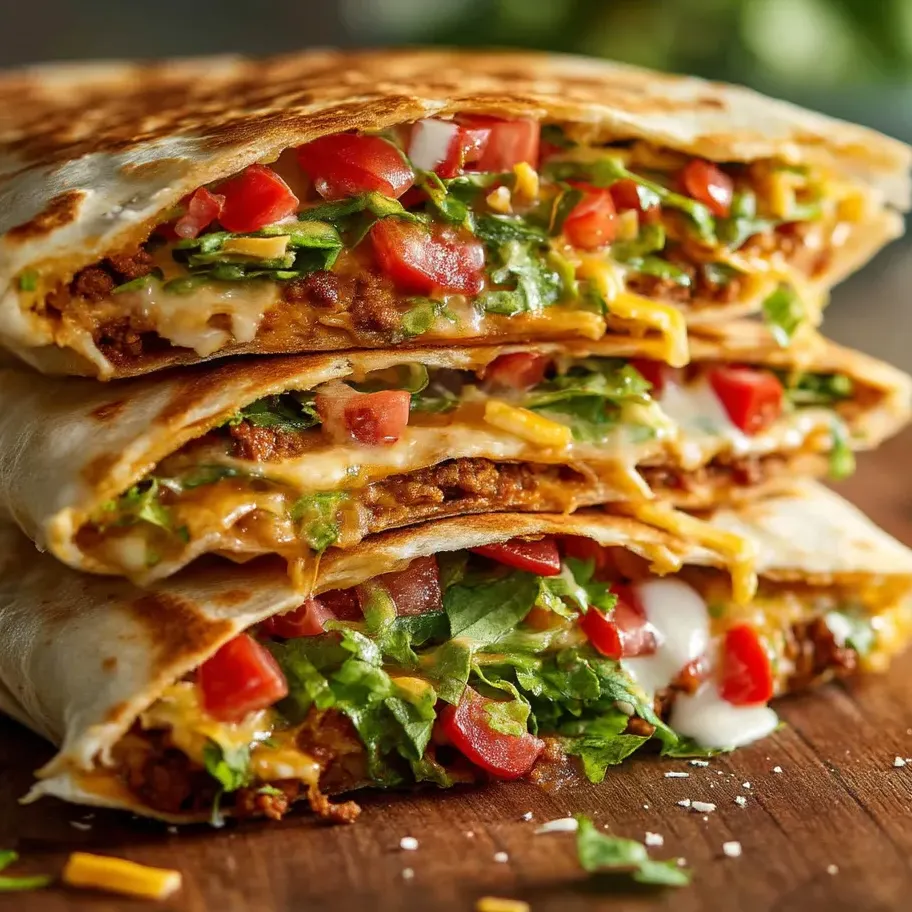 Une pile de trois wraps Crunchwrap maison.