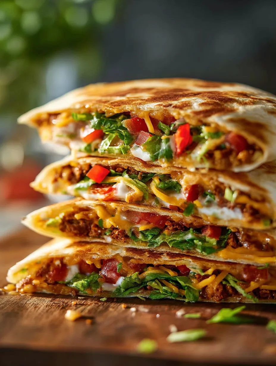 Une pile de trois burritos garnis de laitue tomates et fromage.