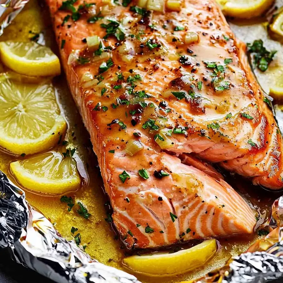Une tranche de saumon avec rondelles de citron dessus.