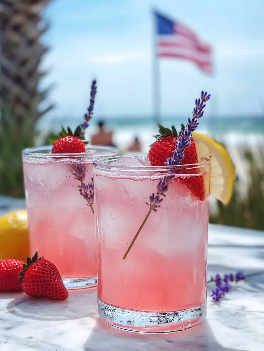 Deux verres de boisson rose à la lavande et au citron.