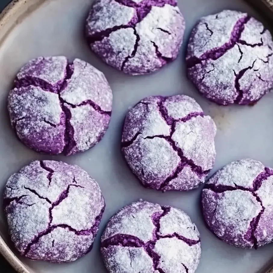 Cookies violets craquelés au sucre blanc.