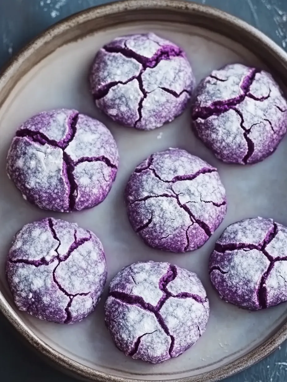 Biscuits violets craquelés au glaçage sucré.