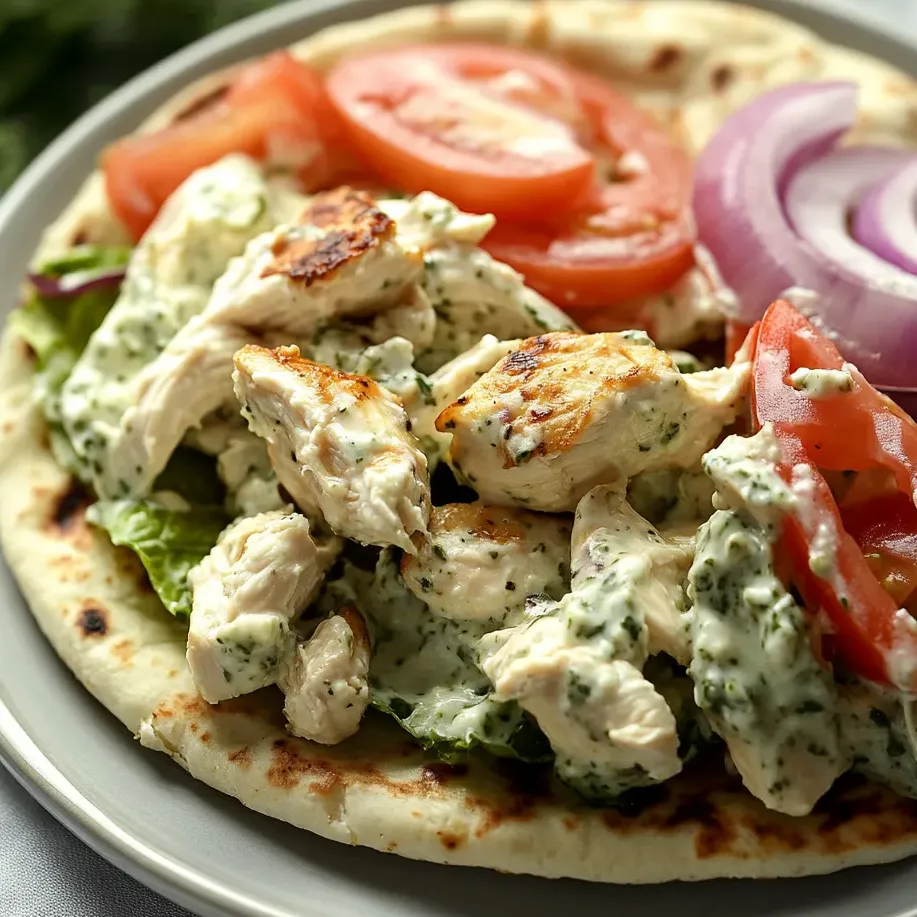 Une assiette de salade de poulet avec tomates, oignons et laitue.