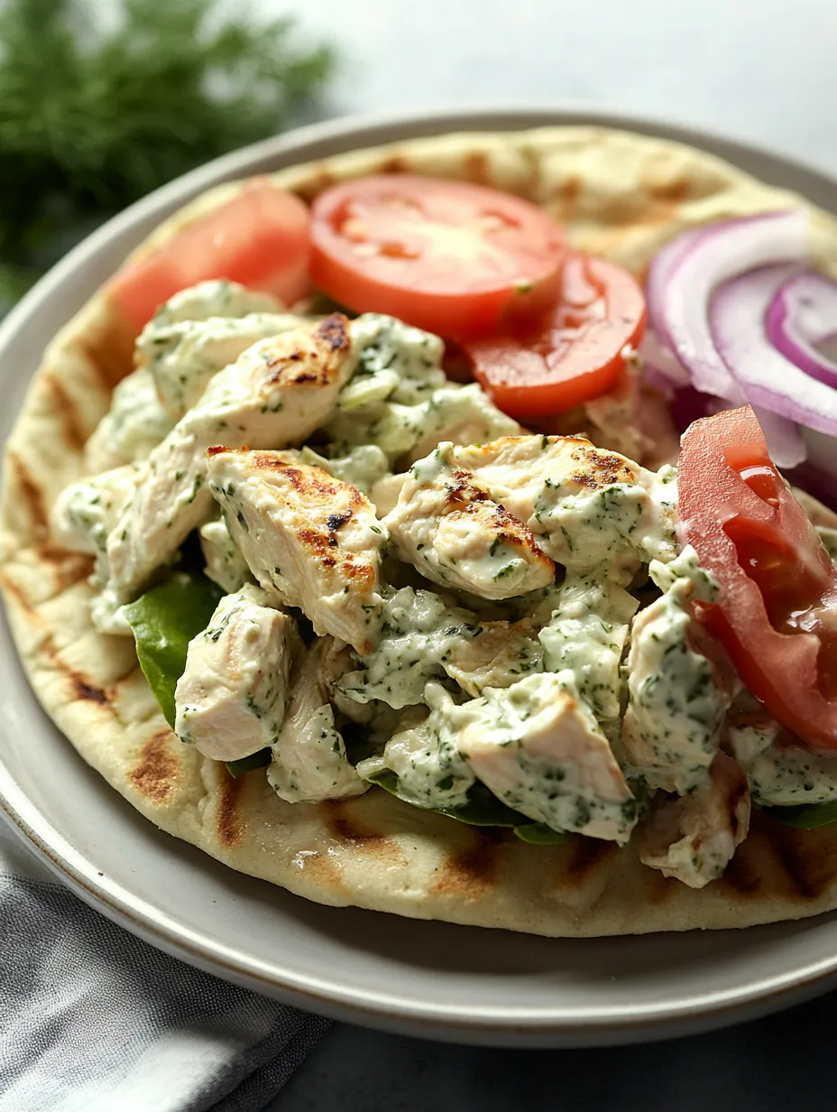 Une assiette de salade de poulet accompagnée de tomates, d’oignons et de pain pita.