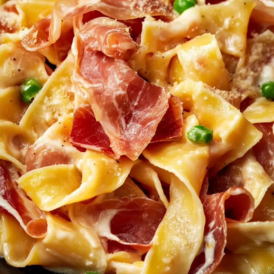 Une assiette de pâtes au jambon et petits pois.