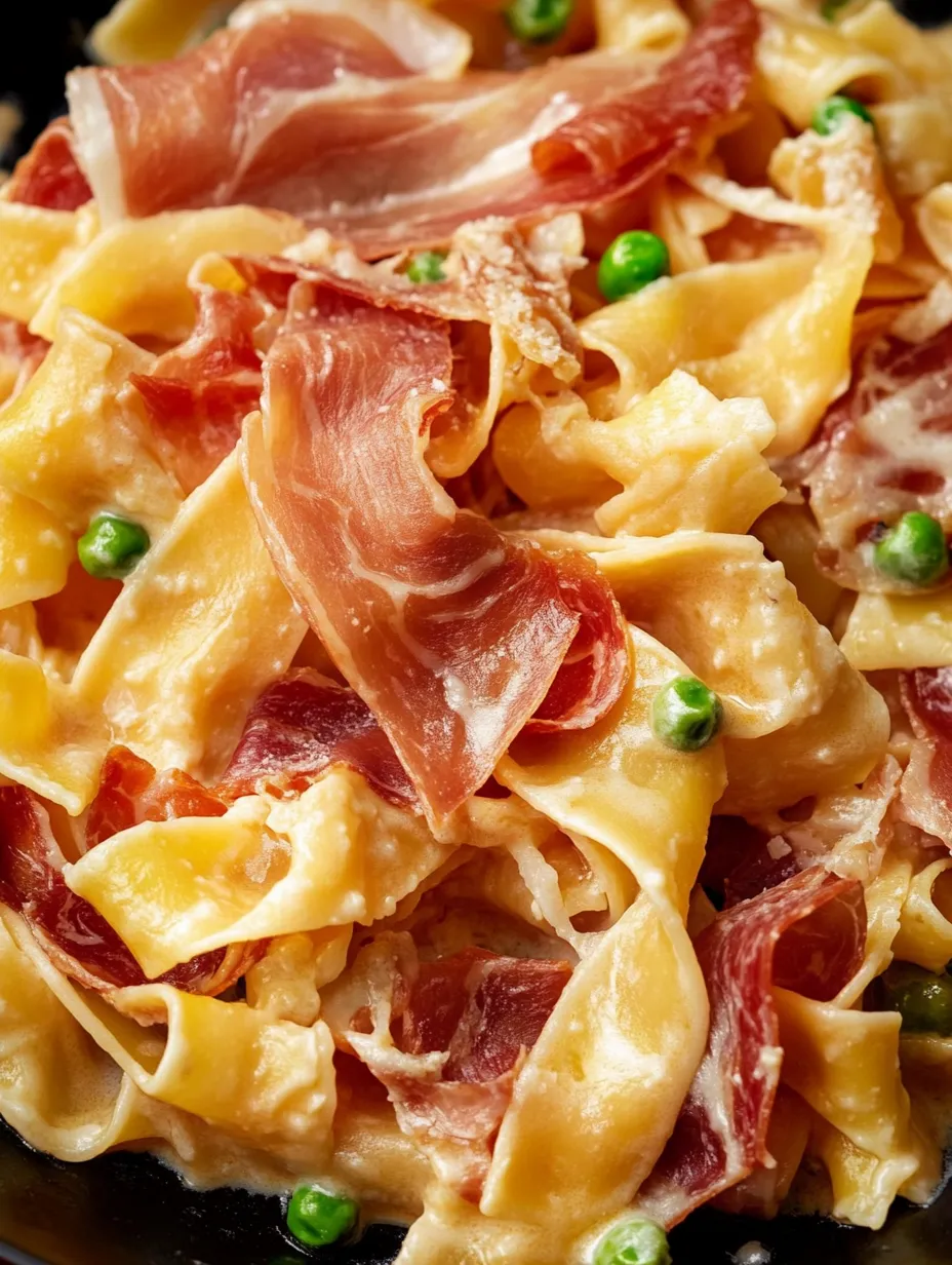 Un plat de pâtes au jambon et petits pois.