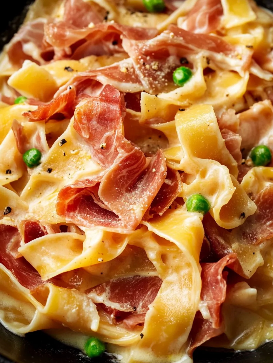 Un plat de pâtes au jambon et petits pois.