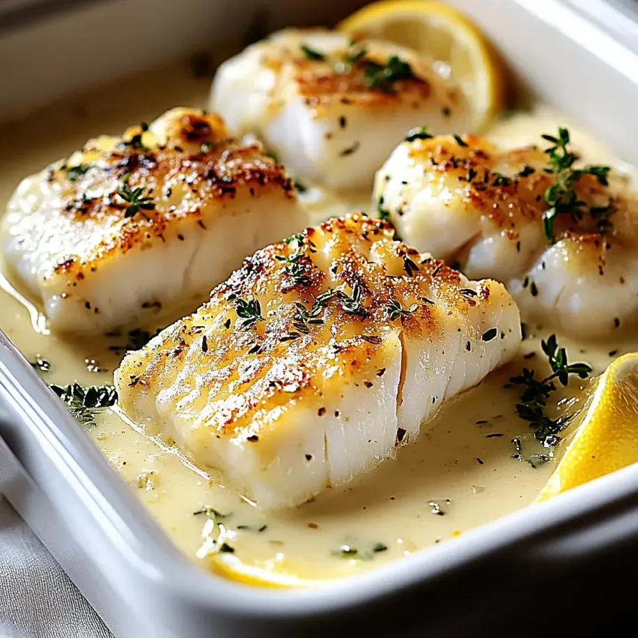 Un plat de cabillaud doré à la crème citronnée et noix de coco.