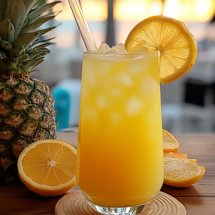 Un grand verre d’ananas-citron est posé sur une table.