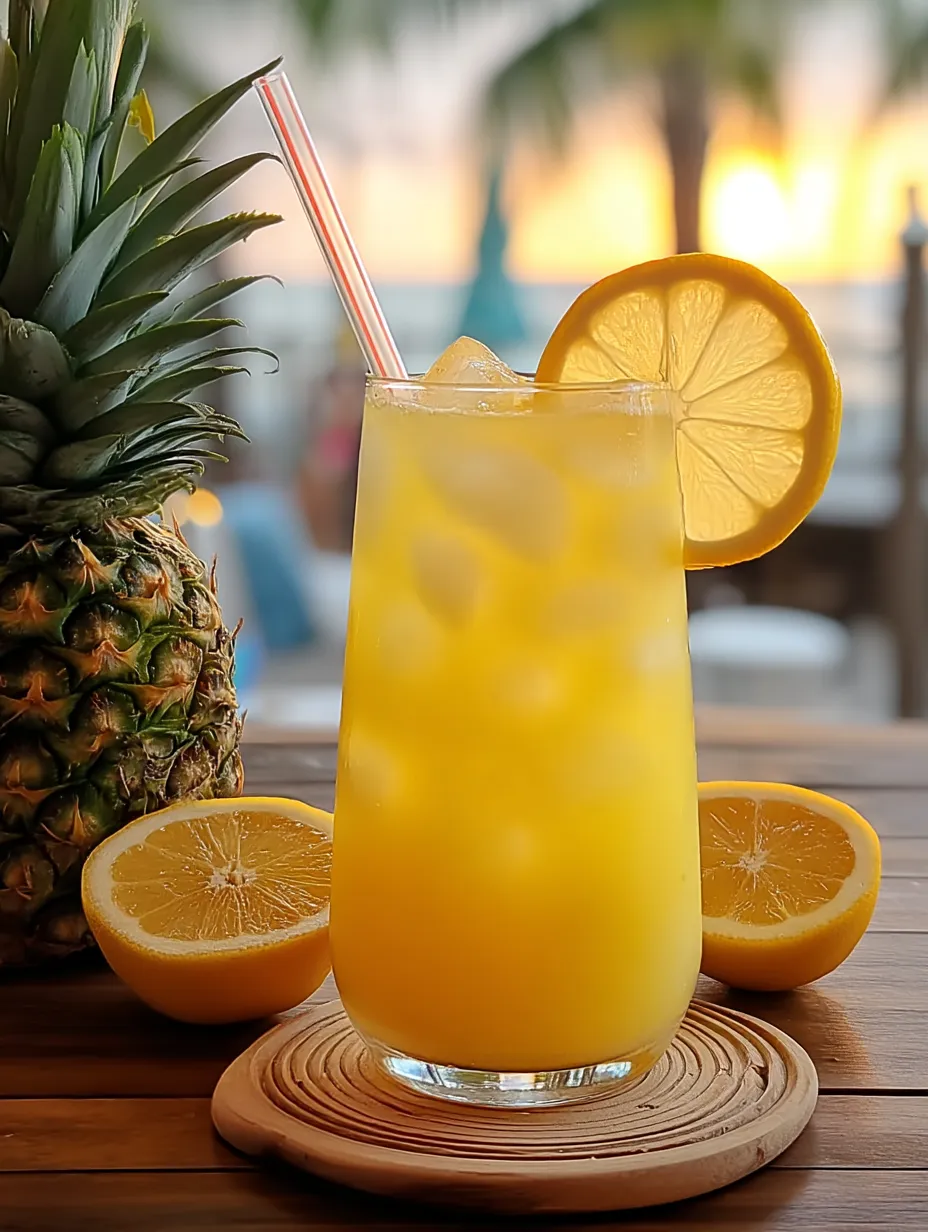 Un verre de citronnade à l’ananas avec une paille dedans.