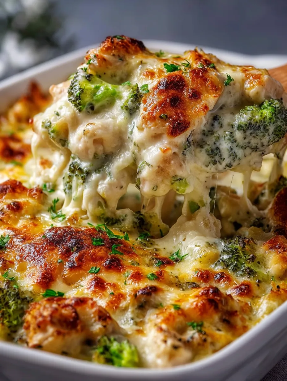Zoom sur un gratin Alfredo au poulet et brocoli.