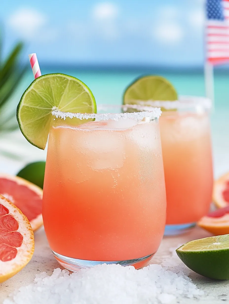 Deux verres d’une boisson rose pamplemousse-citron vert.