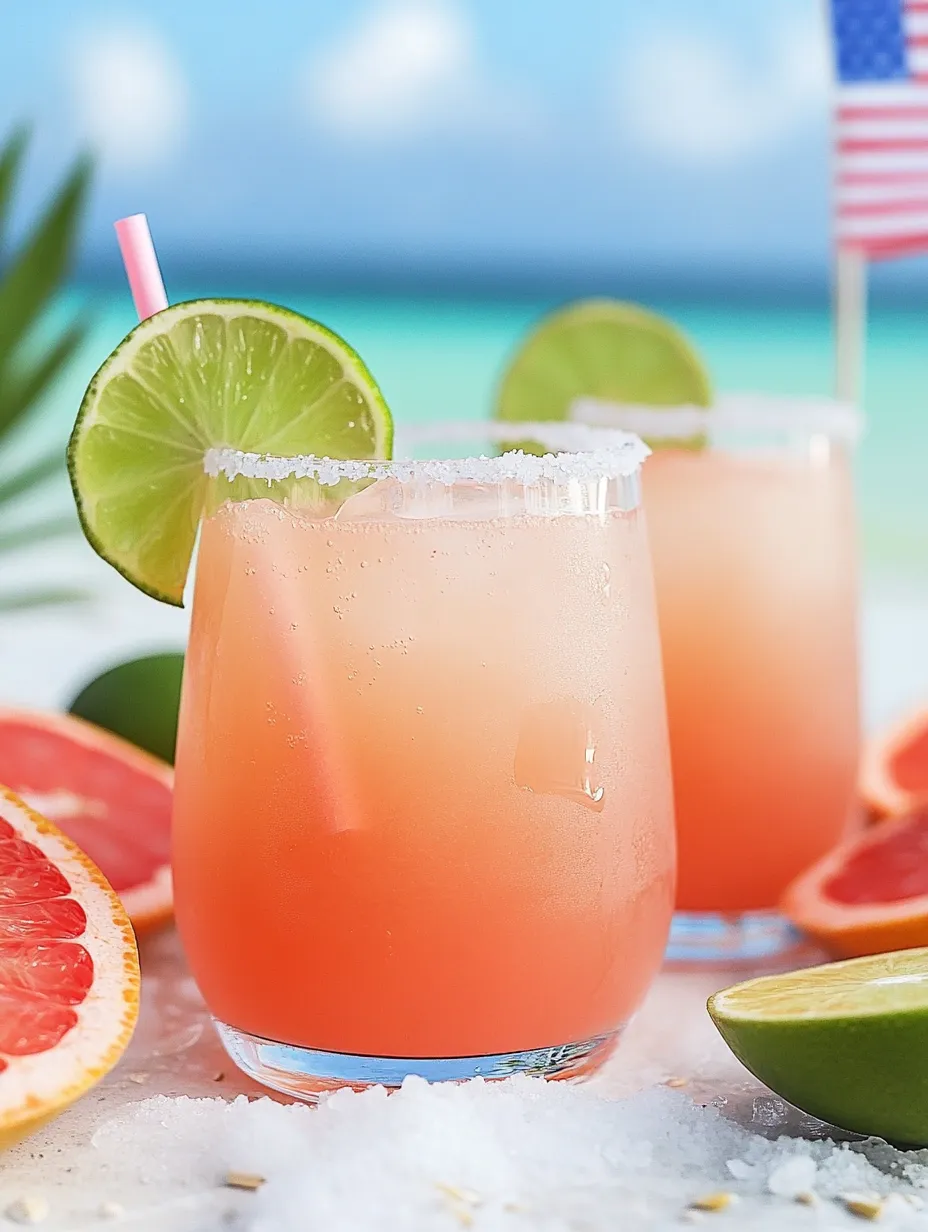 Deux verres d’un mocktail rose pamplemousse et citron vert.