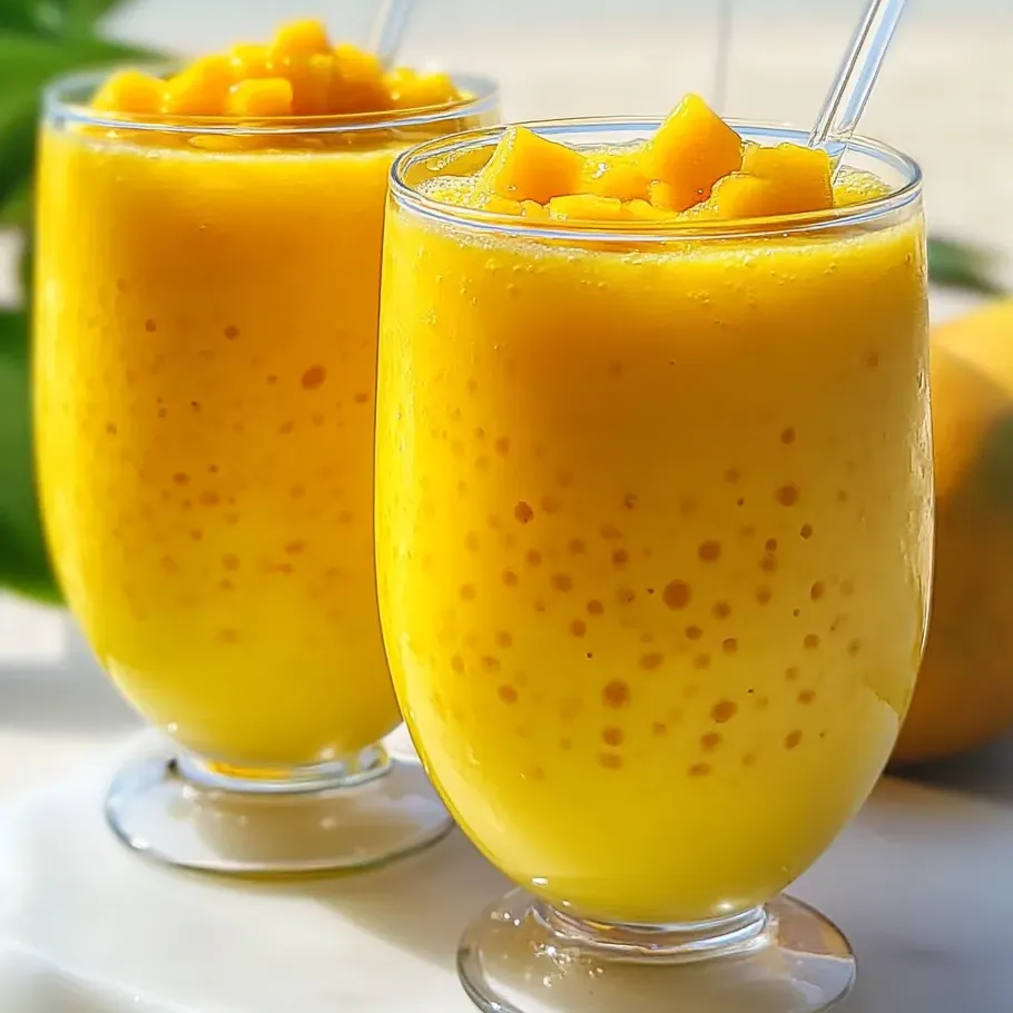 Deux verres remplis de mangue, perles de sago et lait de coco.