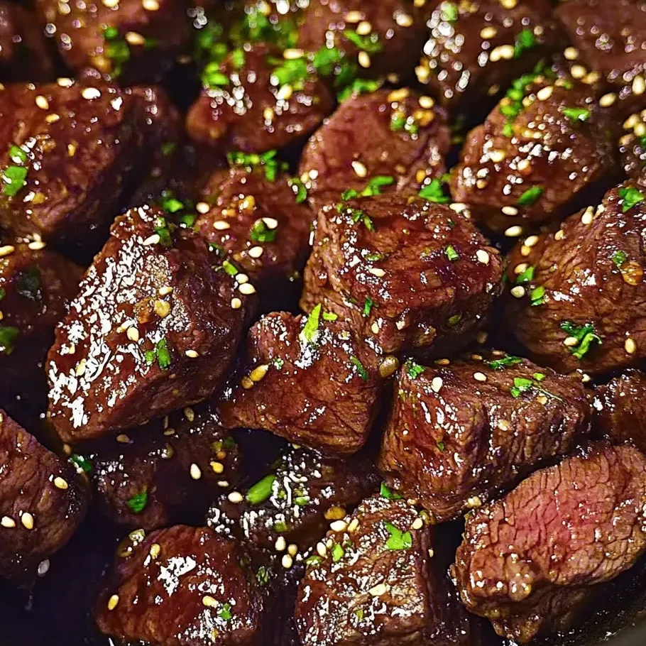 Bouchées de steak caramélisées et persil frais.