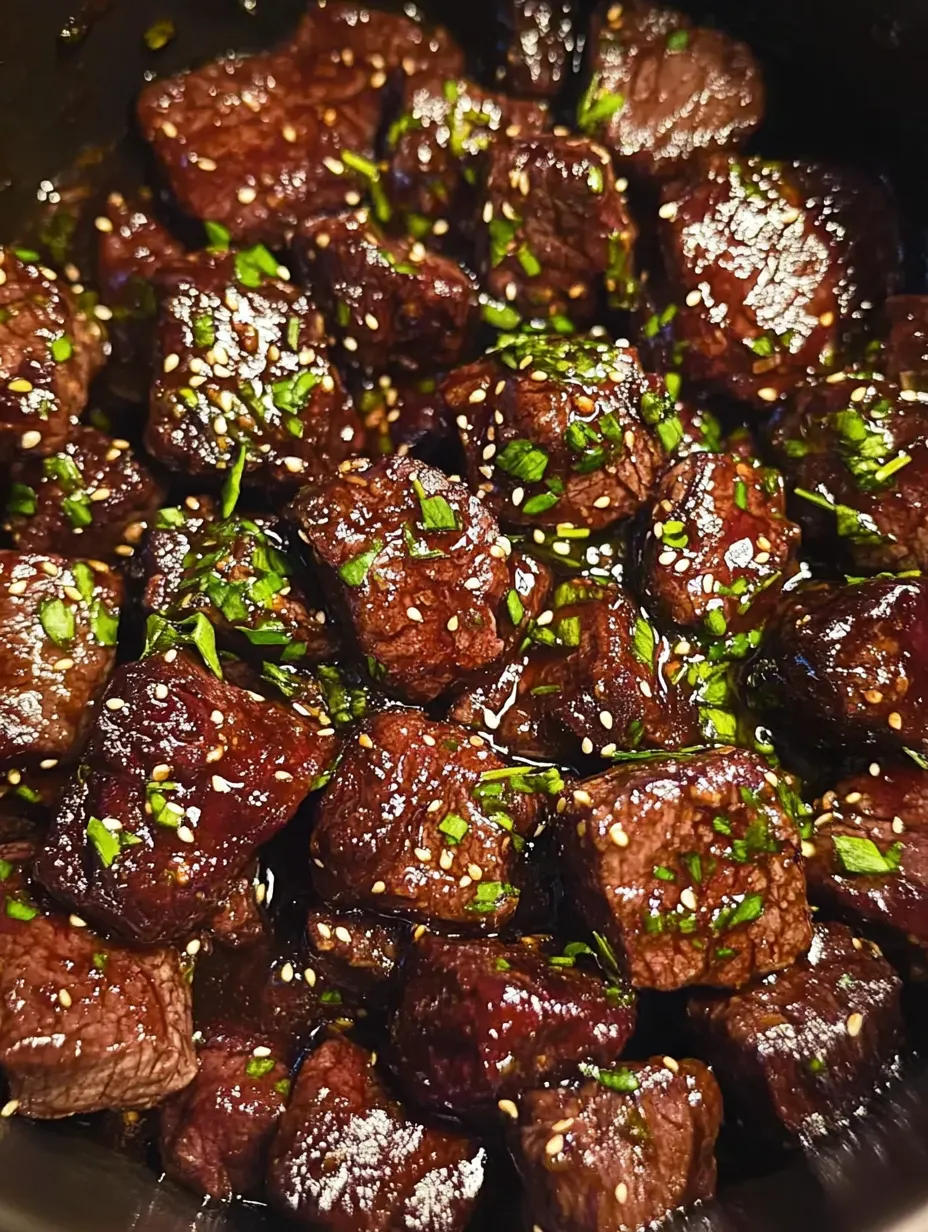 Bouchées de bœuf collantes avec verdure.