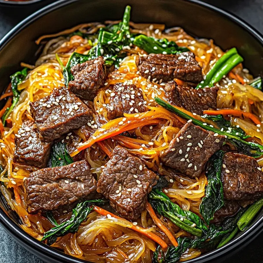 Un bol de japchae avec viande et légumes.