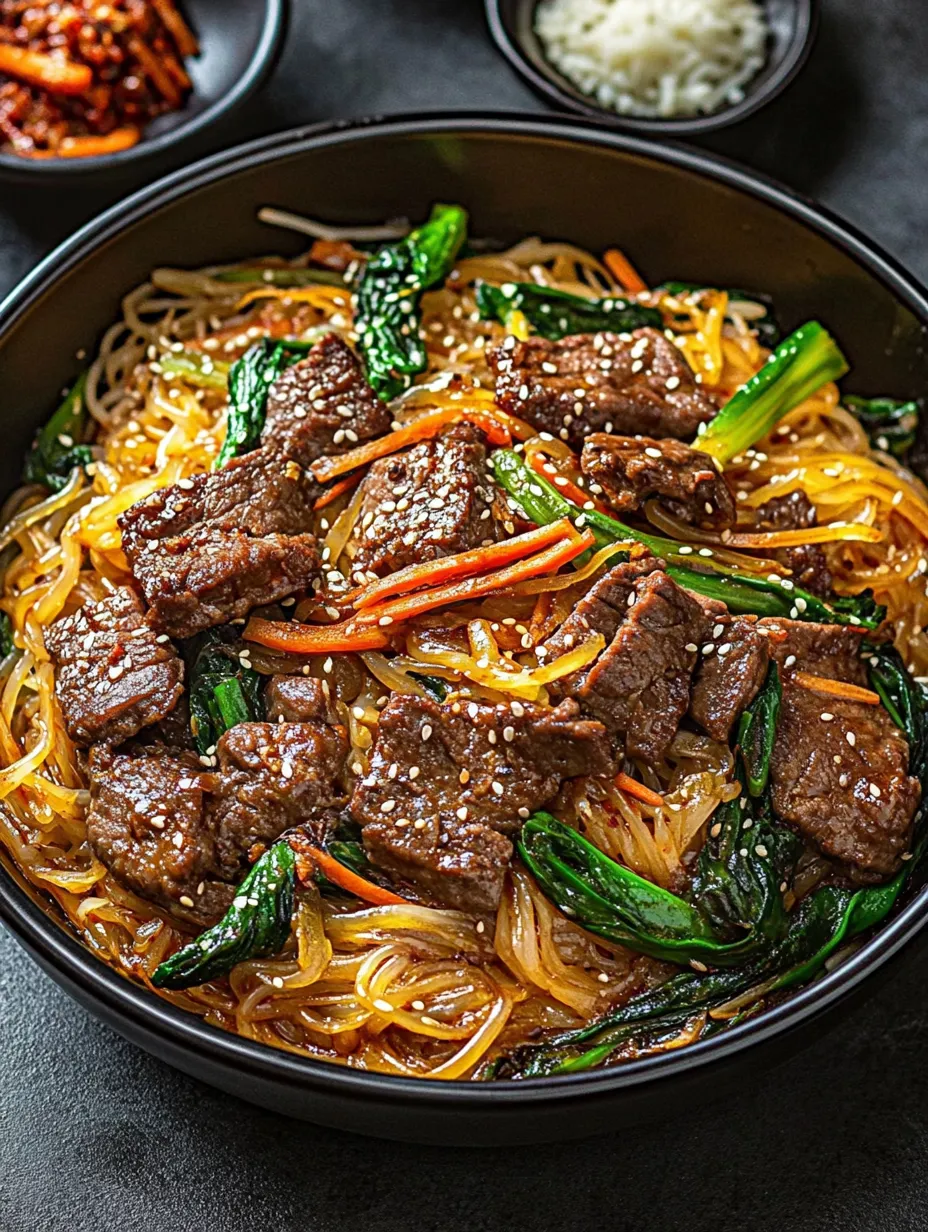 Un bol de japchae avec viande et légumes.