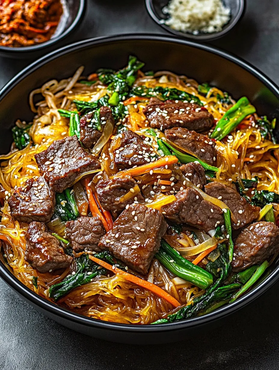Un bol de japchae avec viande et légumes.