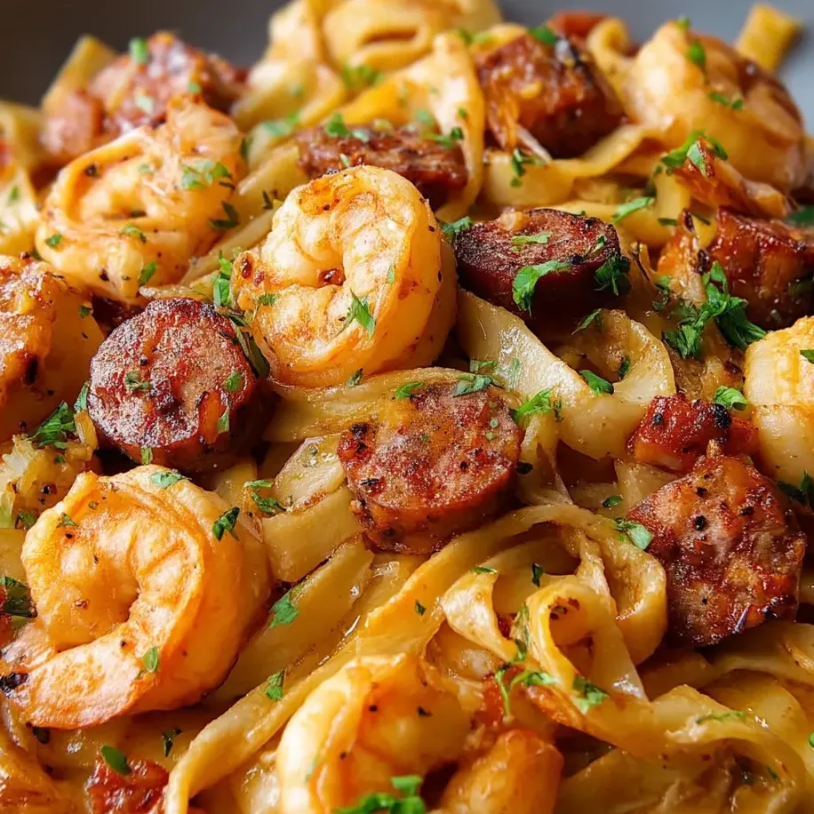 Une assiette de pâtes crémeuses aux crevettes jerk.