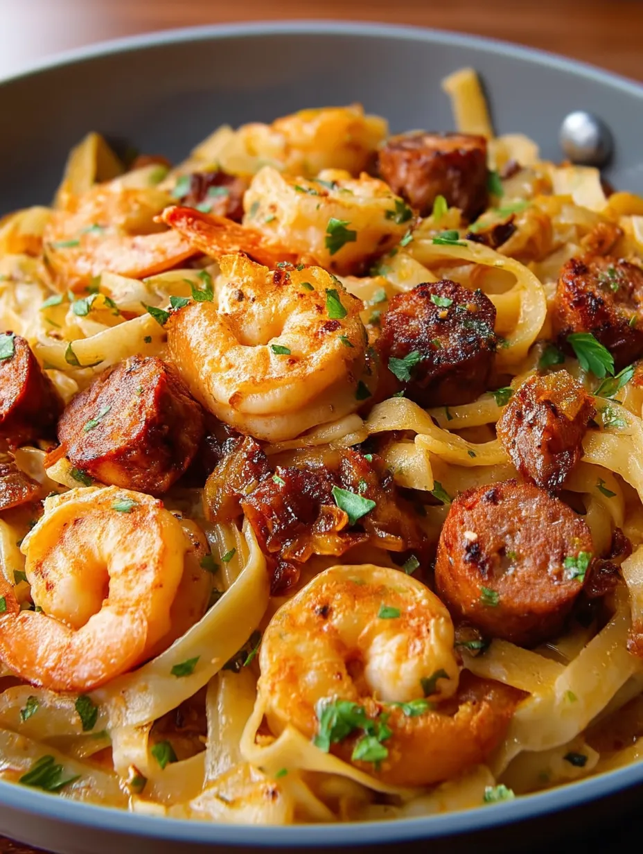 Une assiette de pâtes crémeuses aux crevettes jamaïcaines.