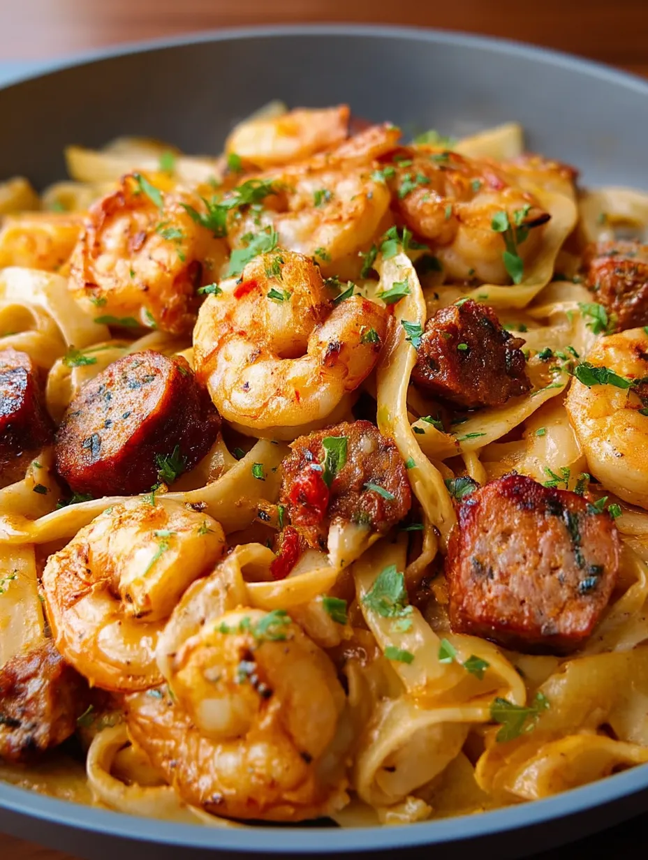 Une assiette de pâtes crémeuses aux crevettes à la jamaïcaine.