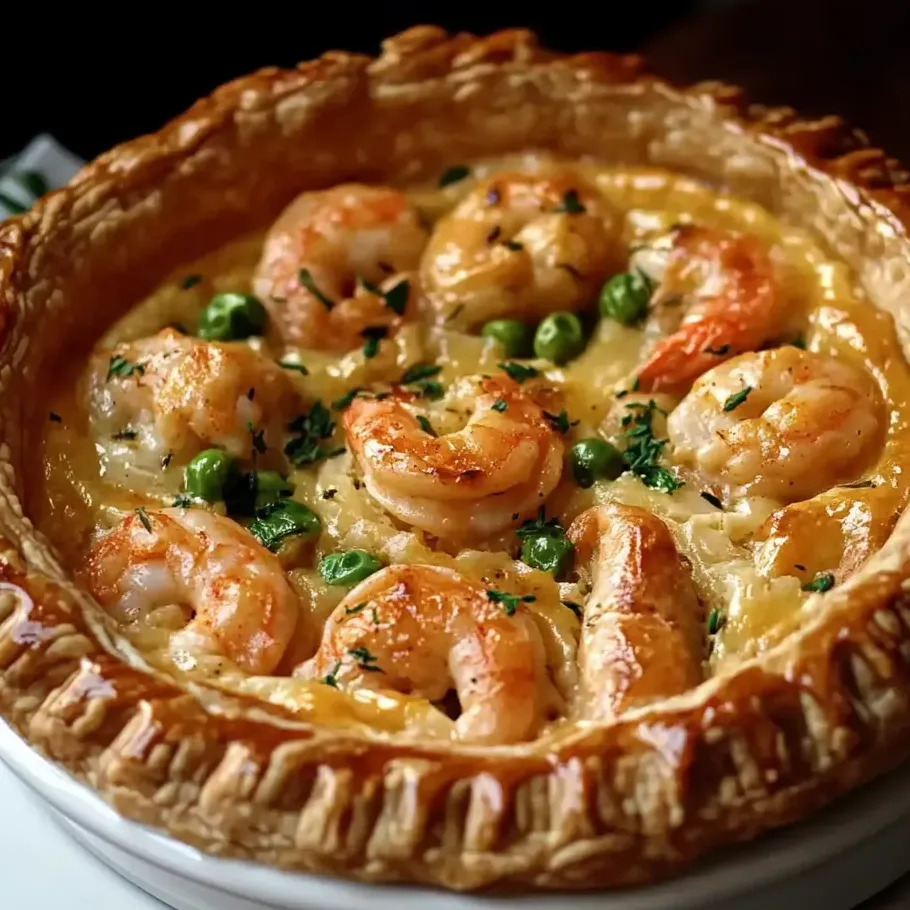 Une tourte cajun aux fruits de mer avec crevettes et petits pois.
