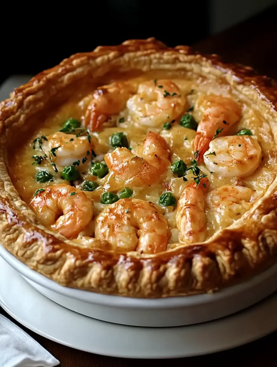 Une tourte cajun aux crevettes et petits pois.