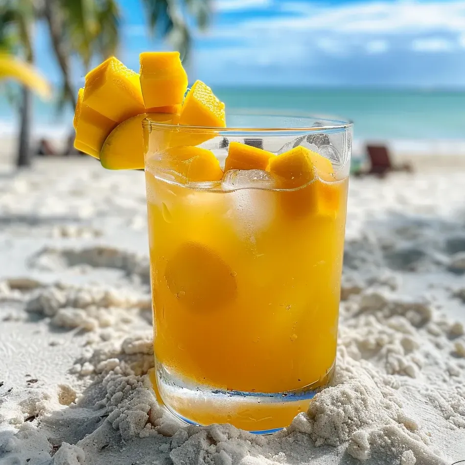 Un verre de limonade mangue-citron posé sur le sable.