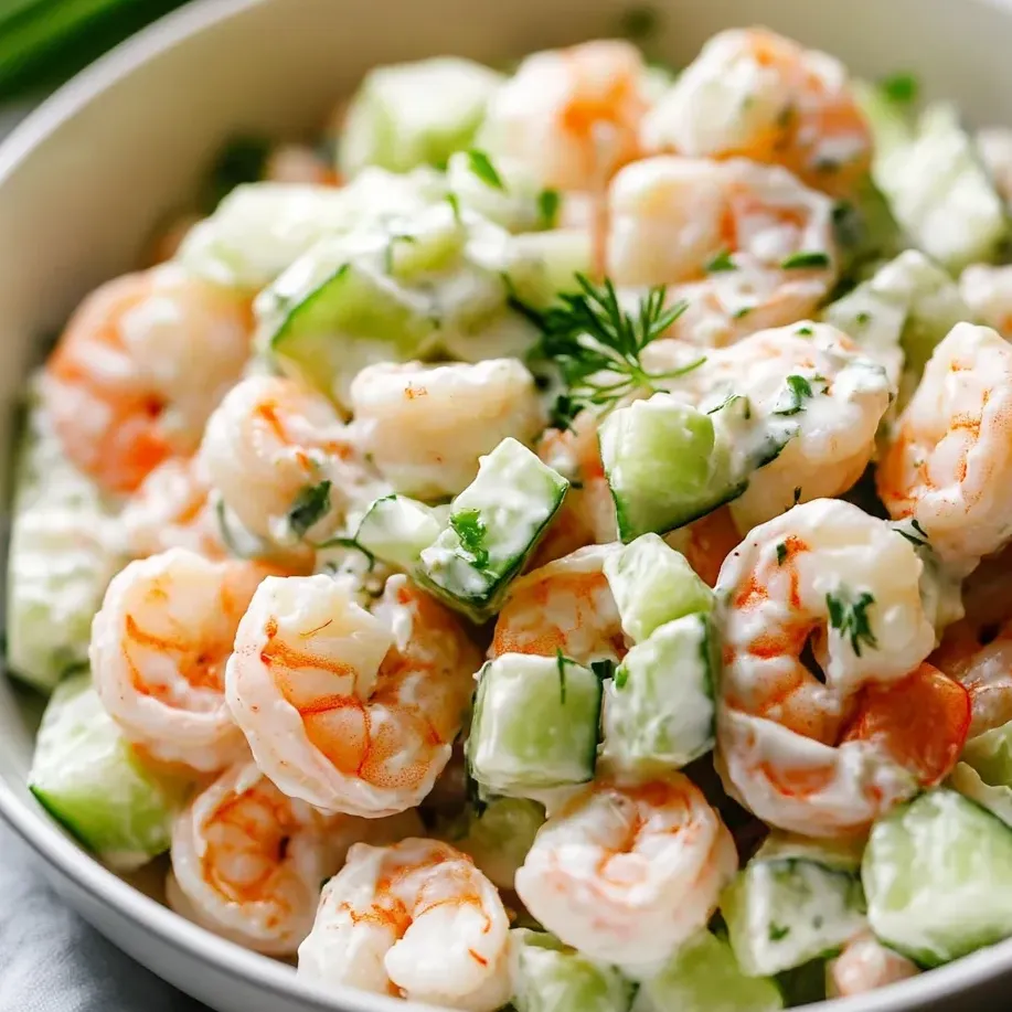 Un bol de salade de crevettes, concombre et citron vert.