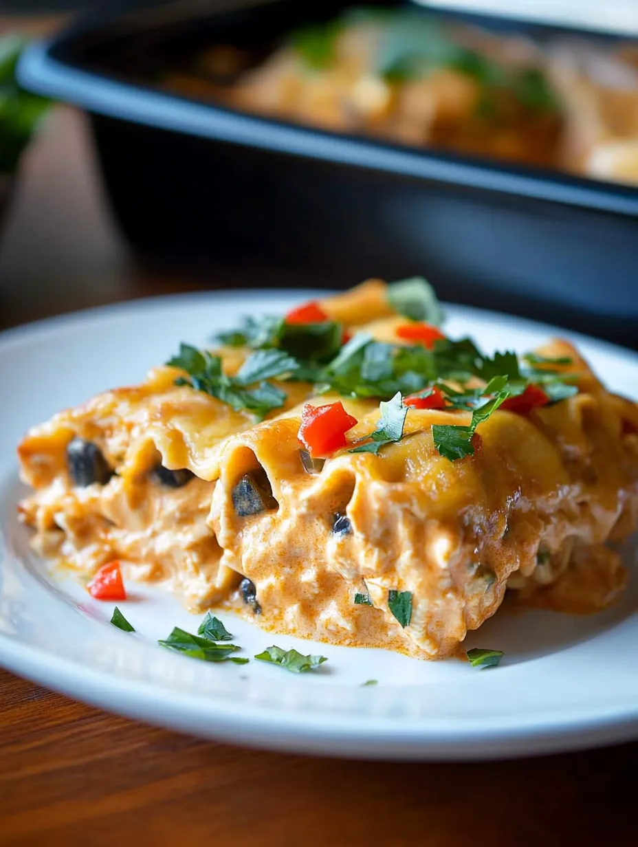 Une assiette blanche garnie de roulés de lasagnes au poulet façon sud-ouest.