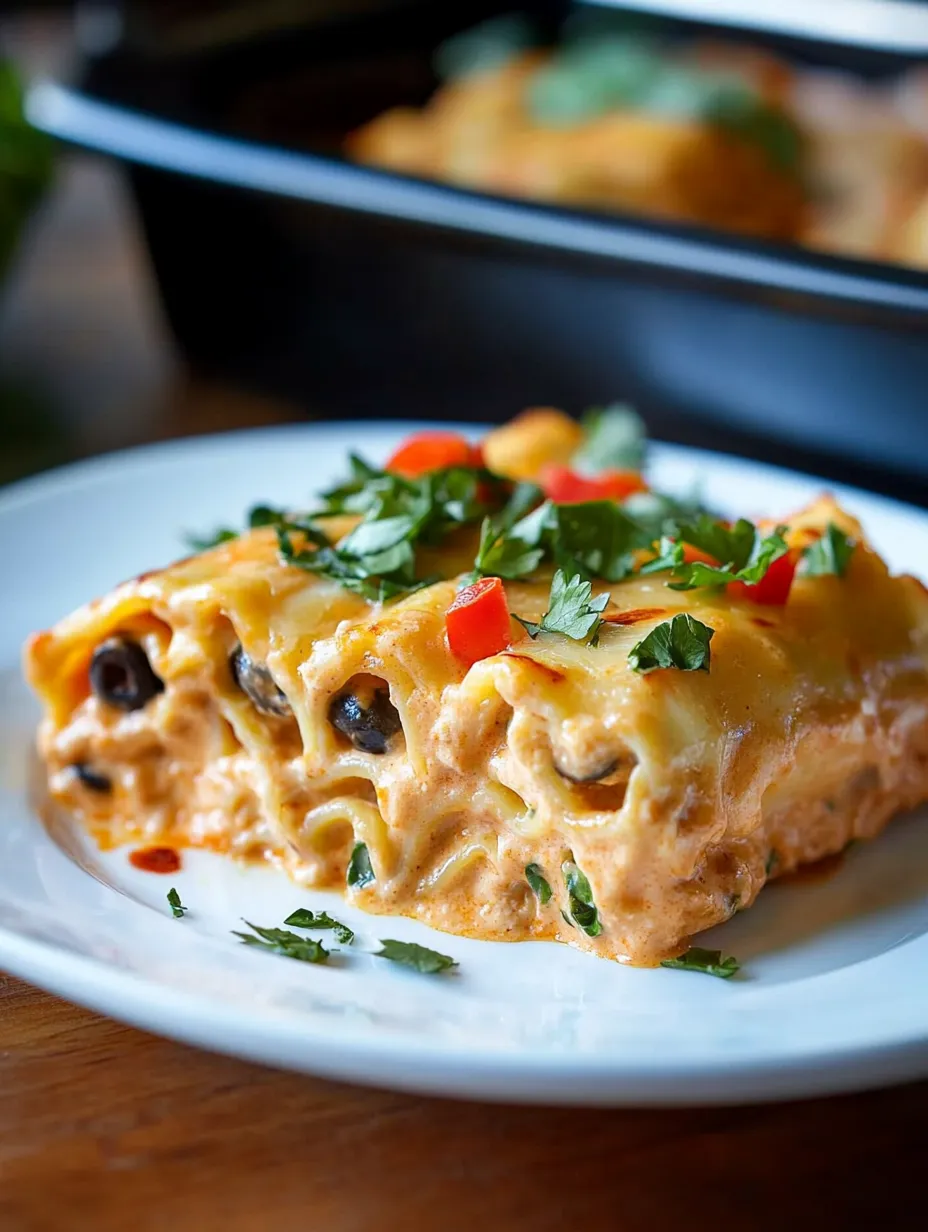 Une assiette blanche garnie de roulés de lasagnes au poulet façon sud-ouest.