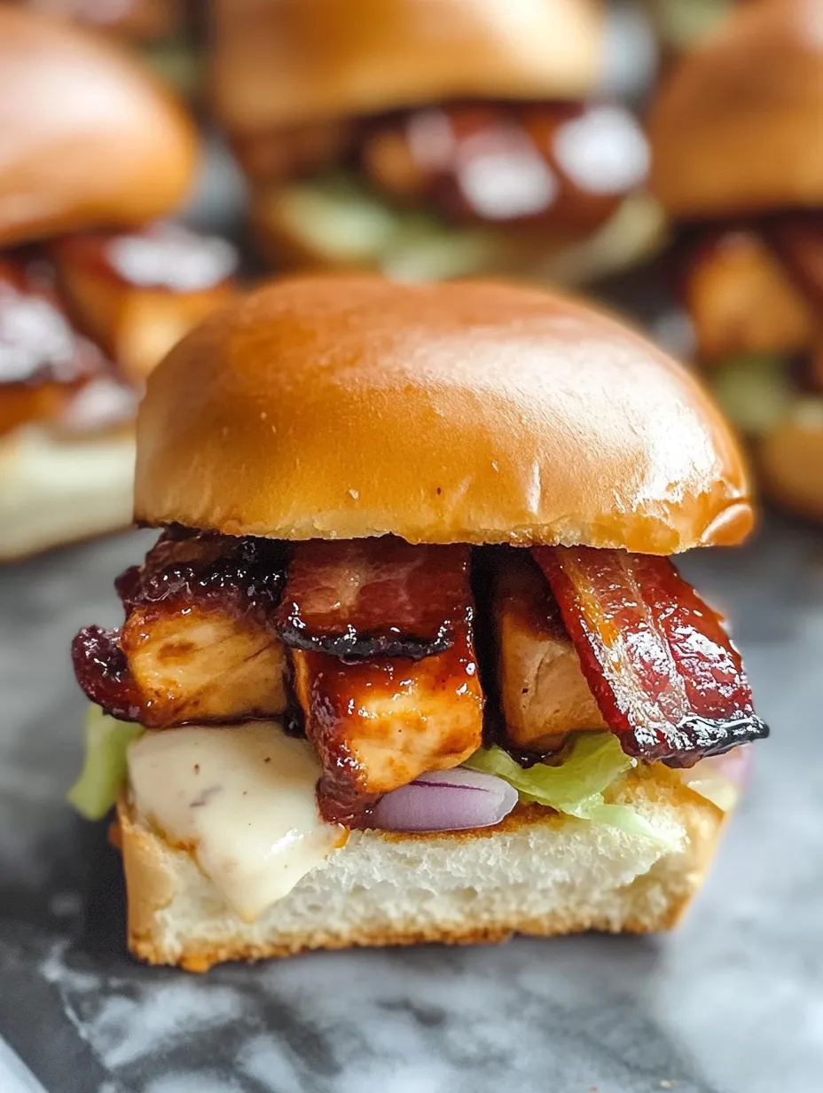 Gros plan d’un mini burger au poulet BBQ bacon ranch.