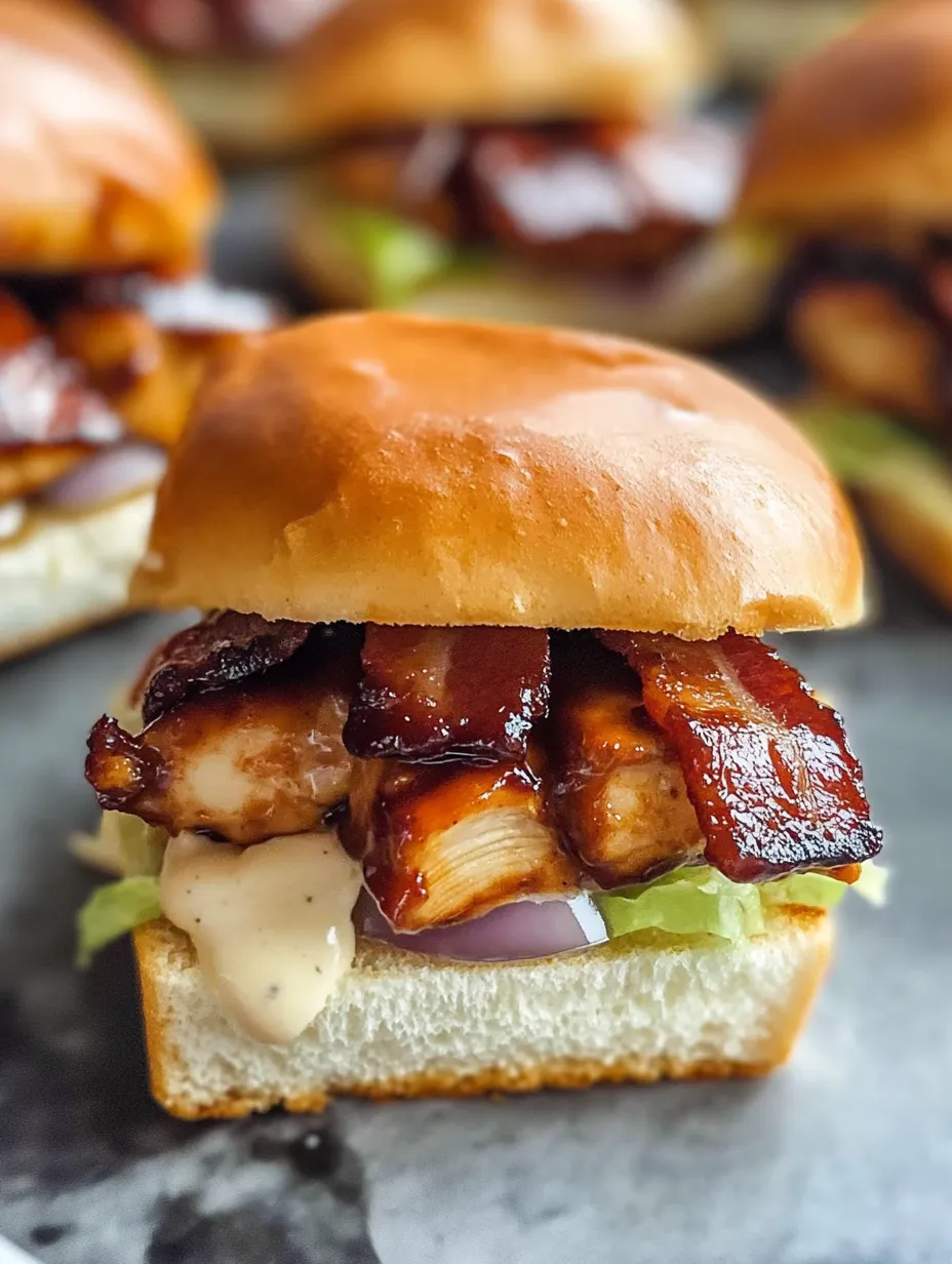 Gros plan d’un mini burger au poulet BBQ bacon ranch.