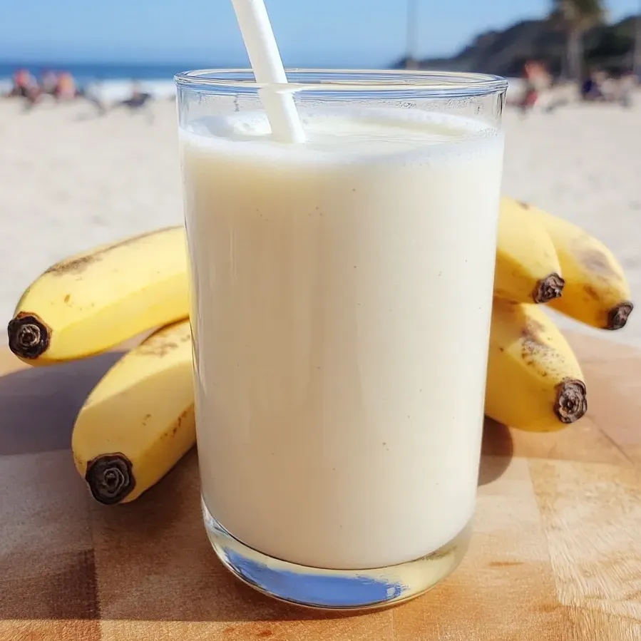 Un verre de lait banane coréen posé sur une table.