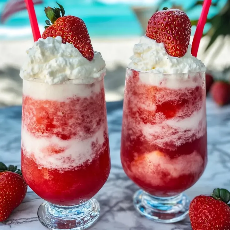 Deux verres de boisson glacée fraise-chantilly.