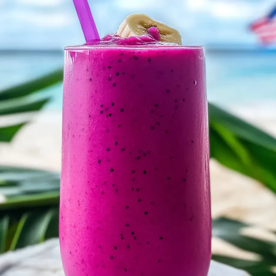 Un milkshake rose avec une paille violette.