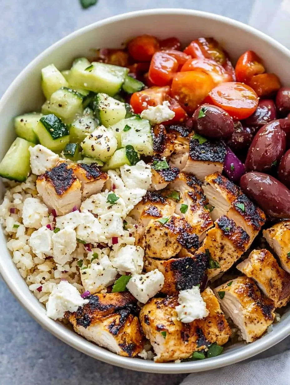 Un bol de quinoa au poulet grec garni de légumes variés.