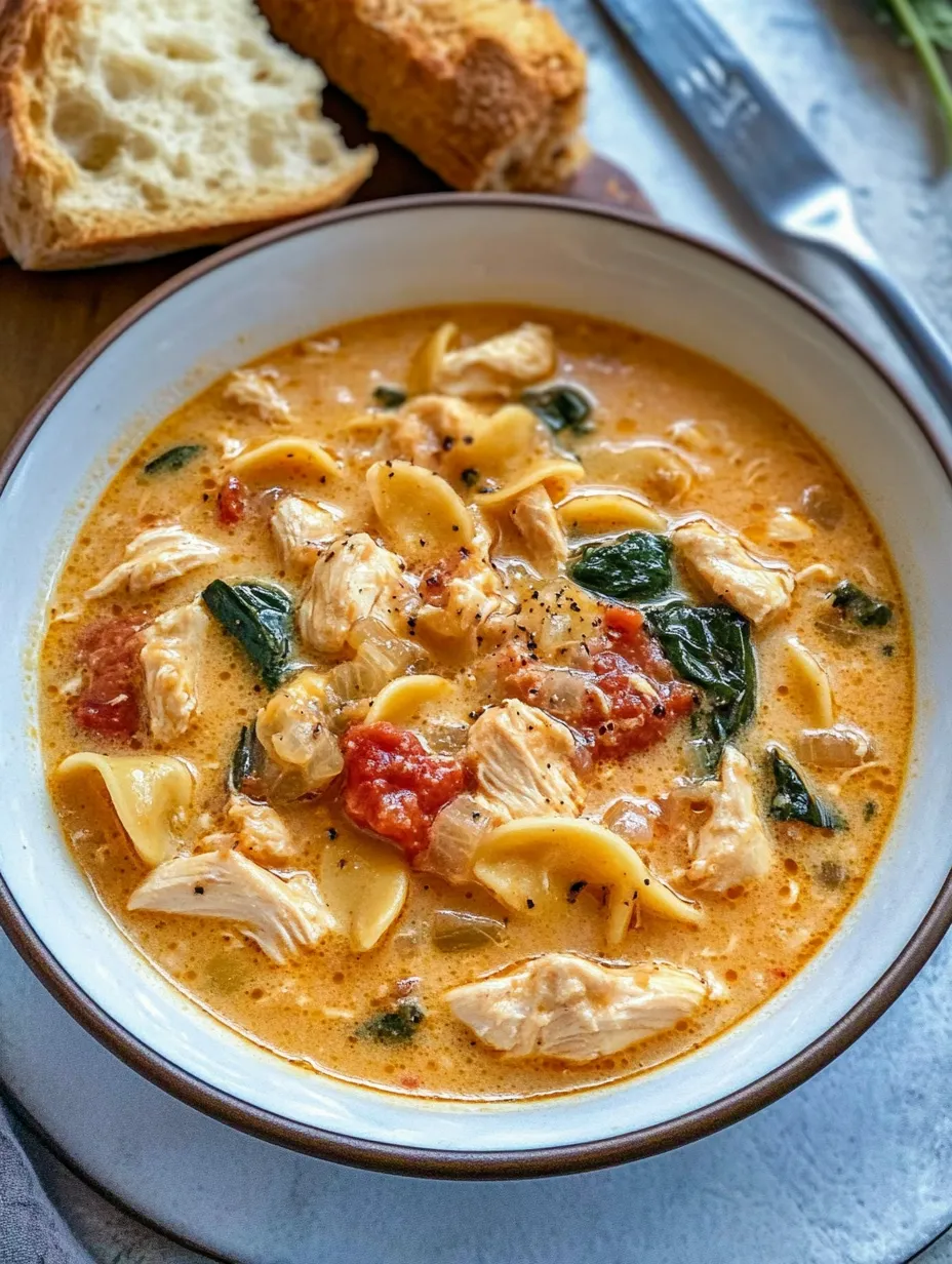 Un bol de soupe crémeuse au poulet façon Toscane.