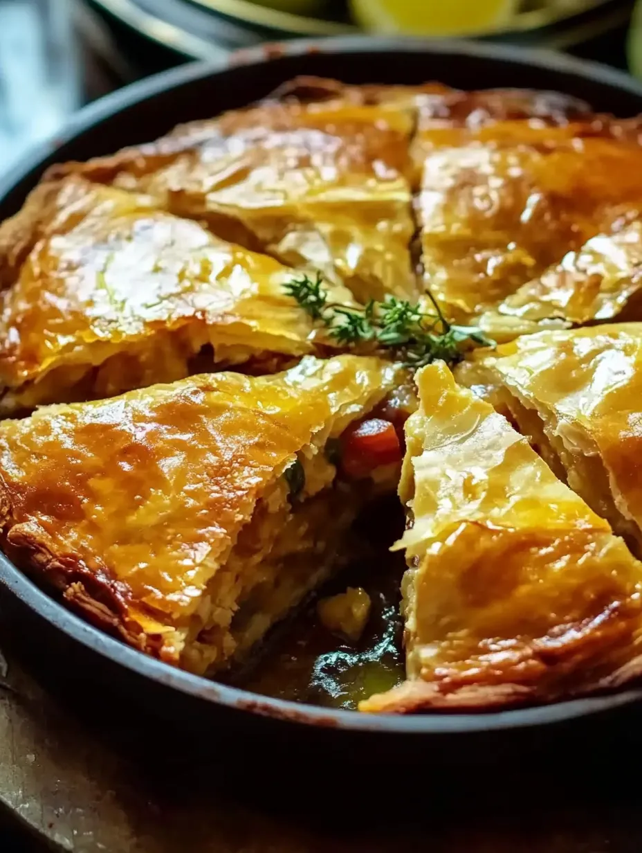 Un feuilleté grec au poulet où il manque une part.