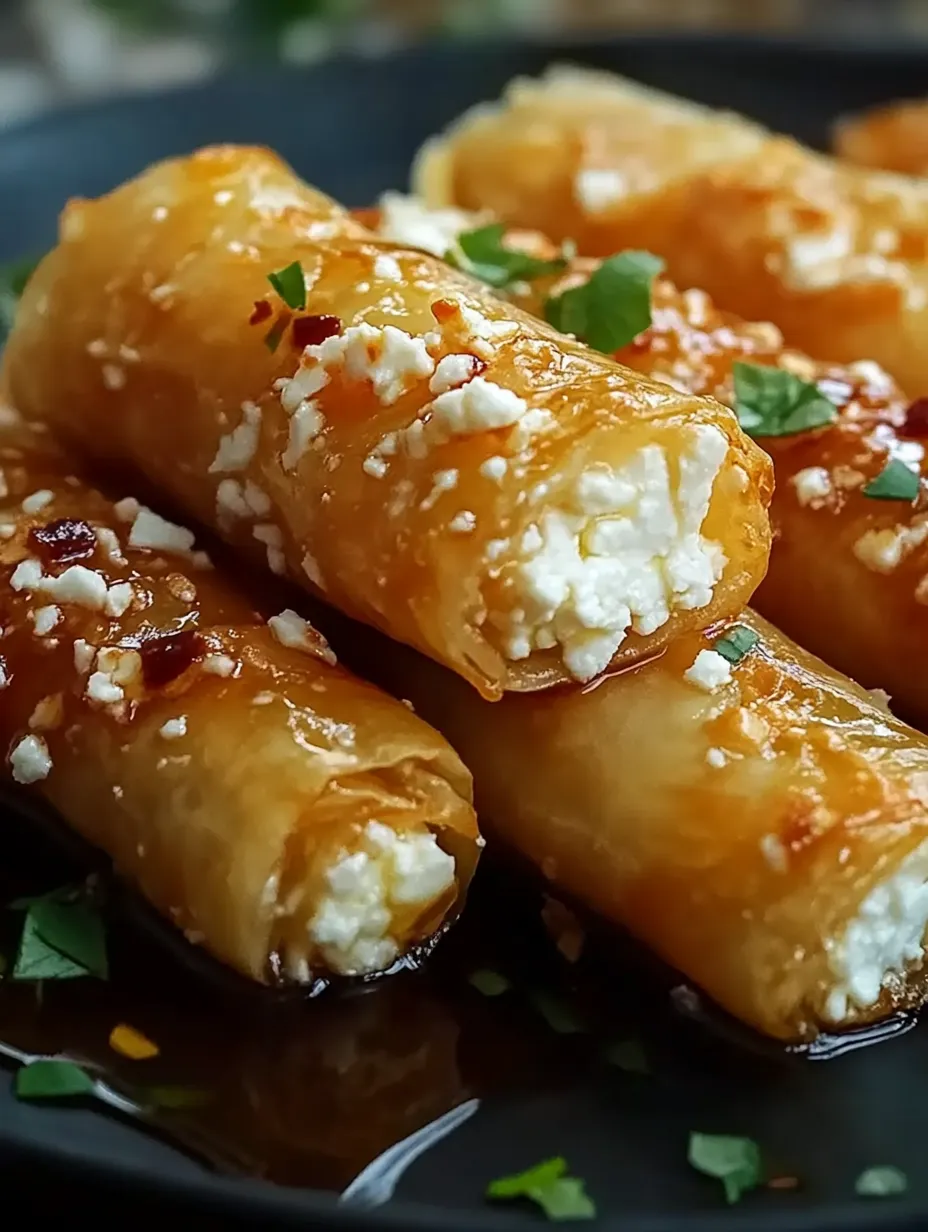 Une assiette de rouleaux de feta rôtis au four et miel pimenté.