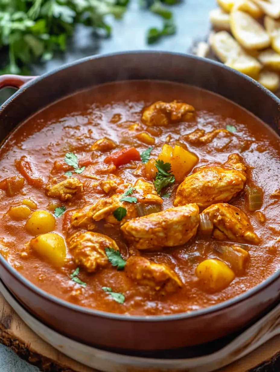 Un bol de mijoté marocain au poulet et aux épices.
