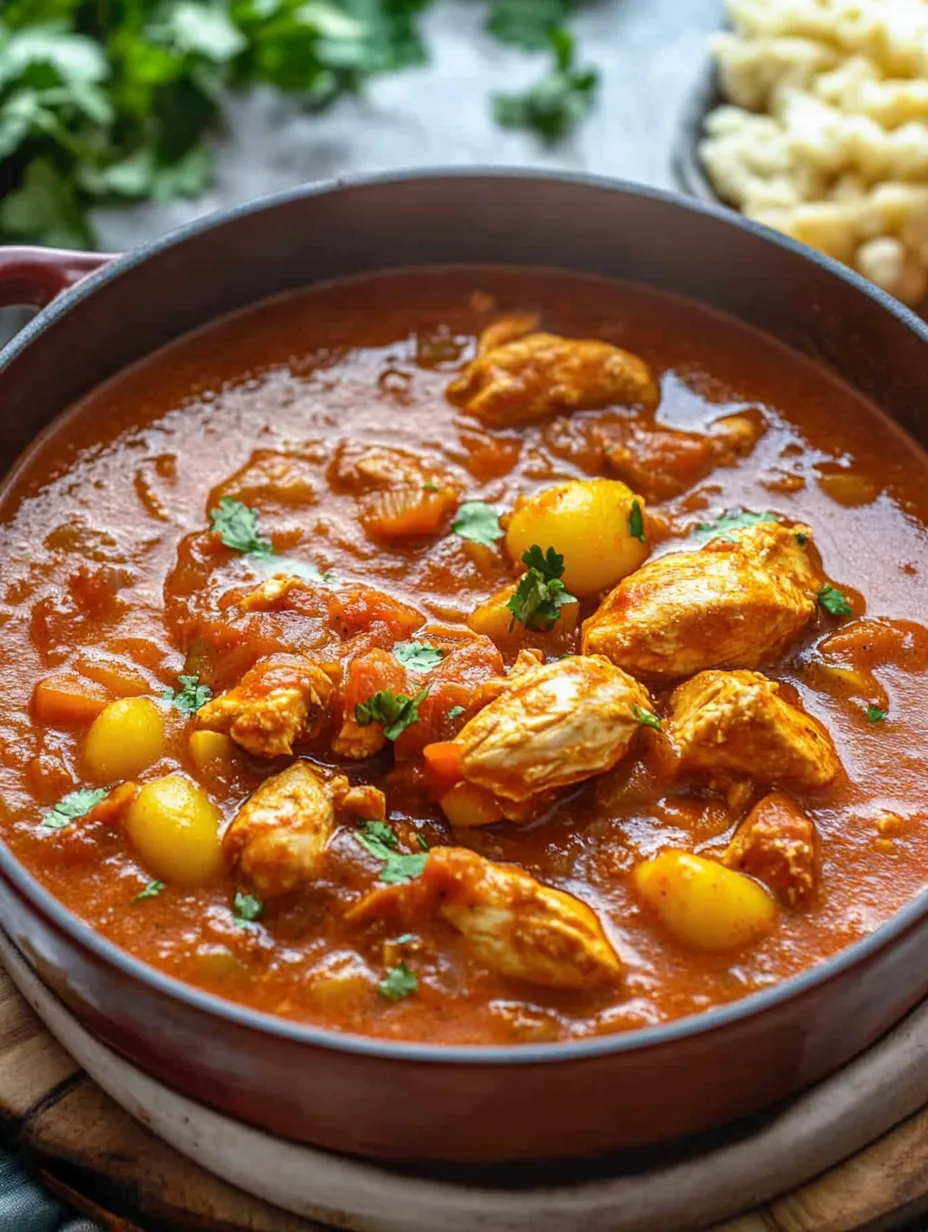 Un bol de mijoté marocain au poulet et aux épices.