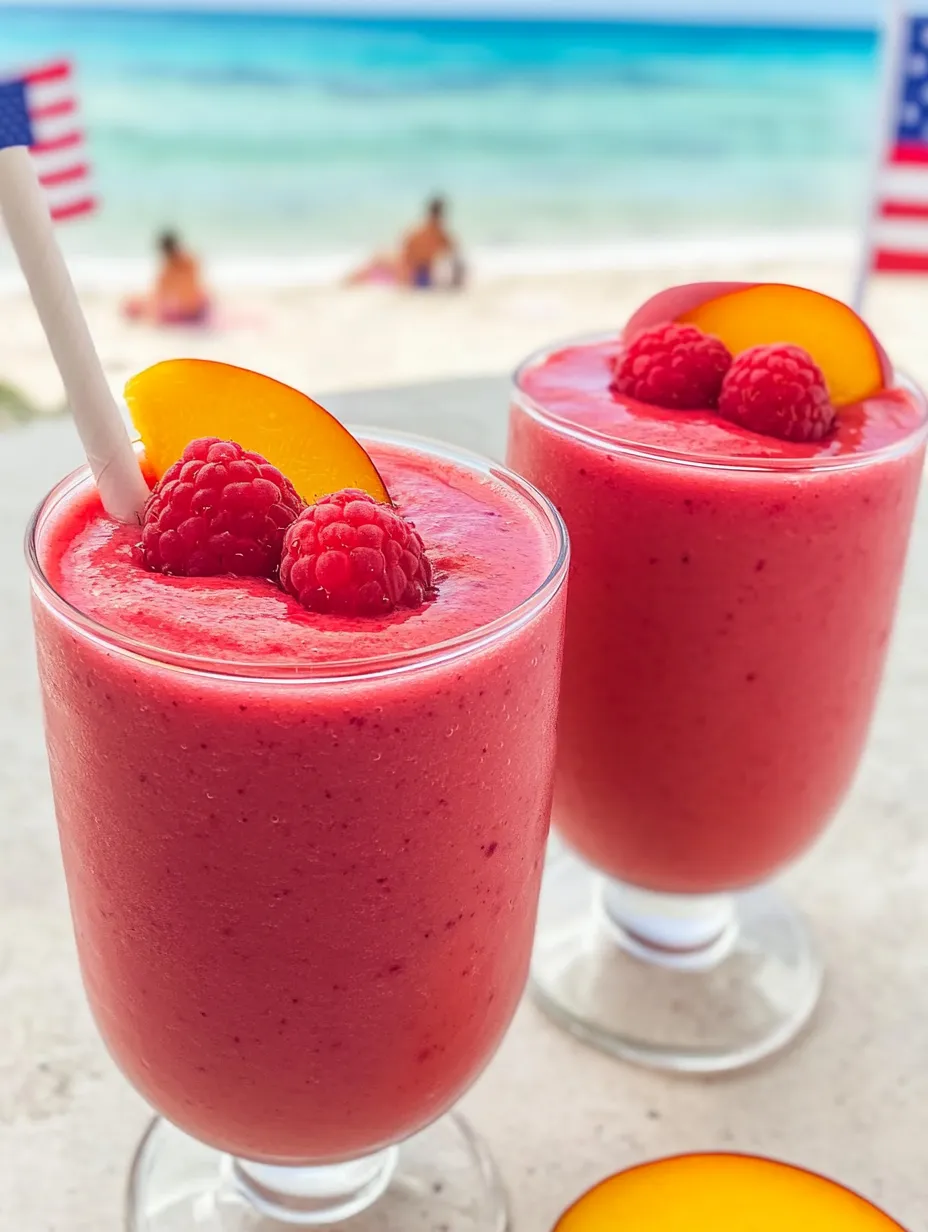 Deux verres de pur bonheur smoothie framboise-pêche.