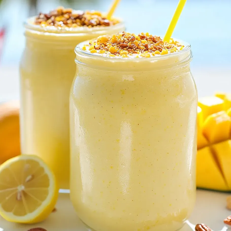 Deux verres colorés de smoothie façon cheesecake au citron.