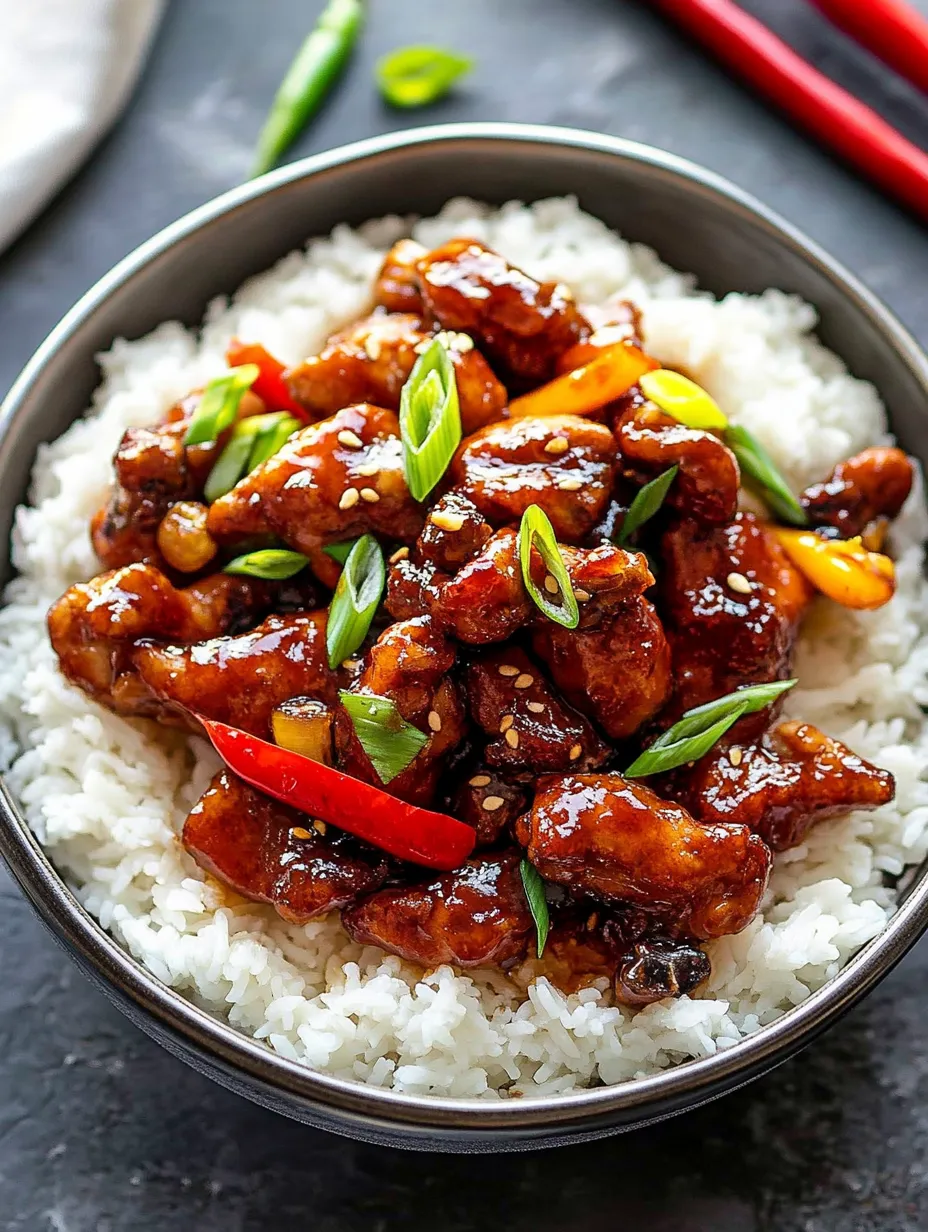 Un bol de Dragon Chicken avec du riz.