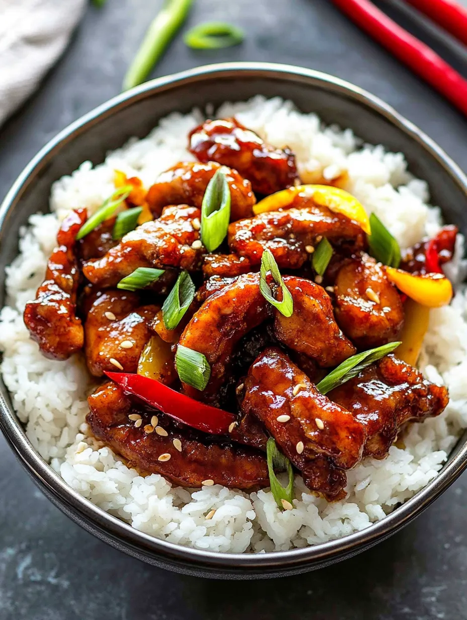 Un bol de Dragon Chicken avec du riz.