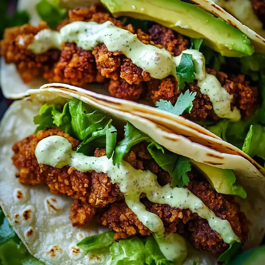 Tacos de poulet croustillant avec avocat et sauce ranch.