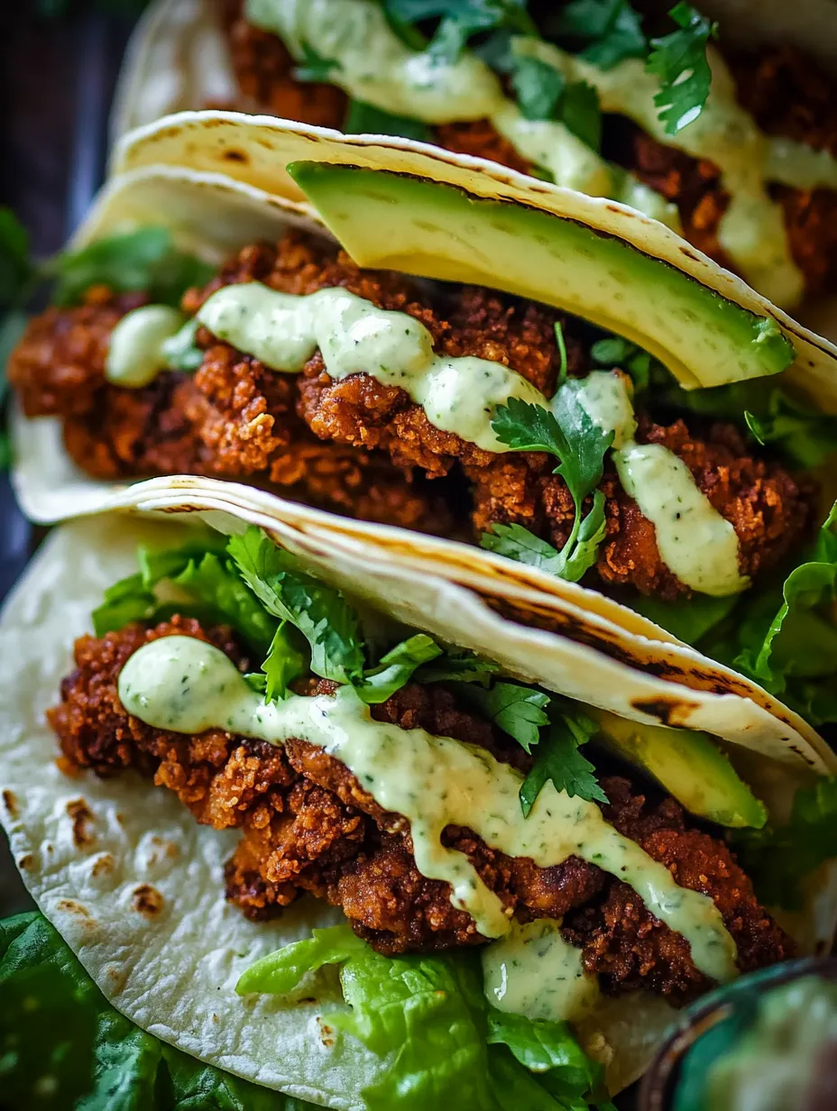 Tacos de poulet croustillant avec avocat et ranch.