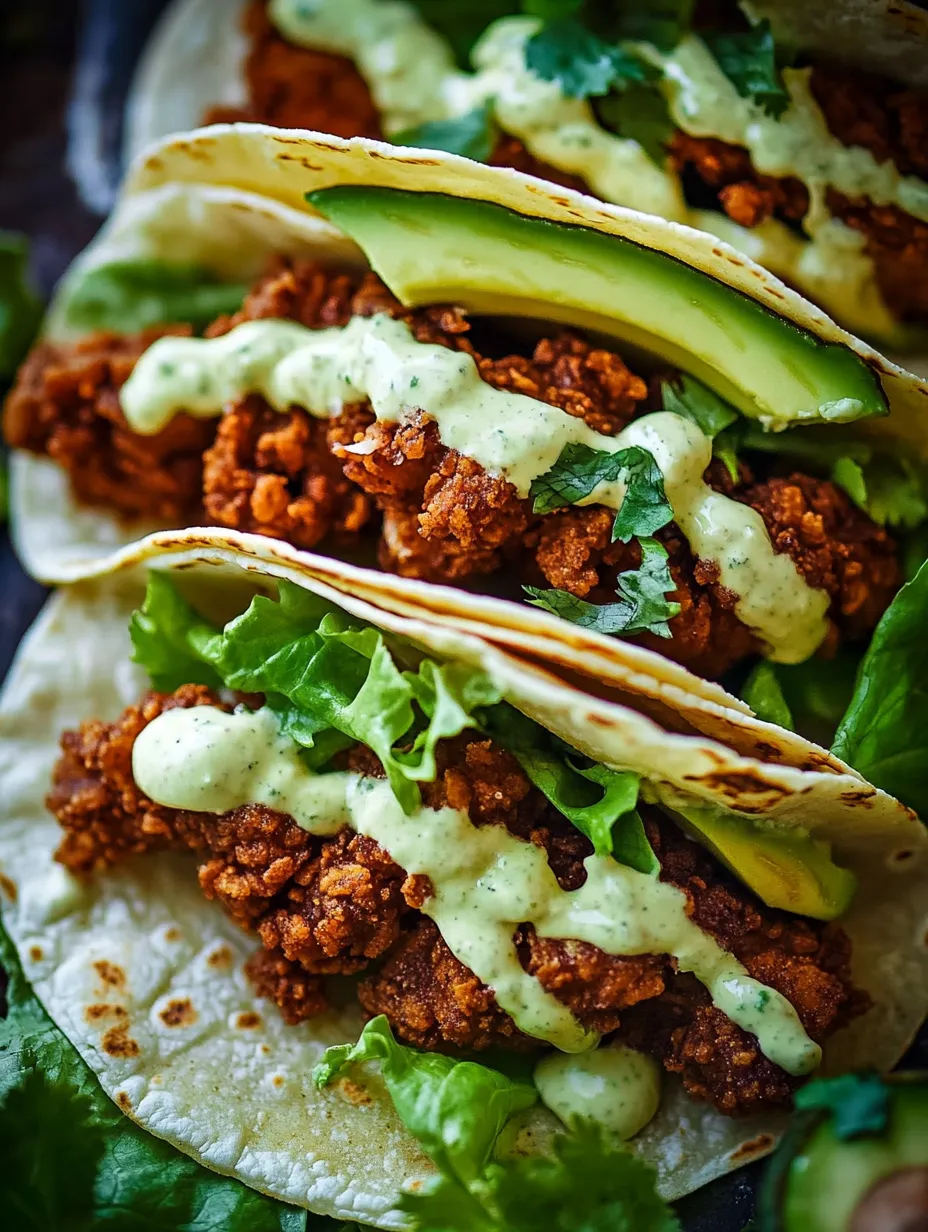 Deux tacos de poulet croustillant avec avocat et ranch.